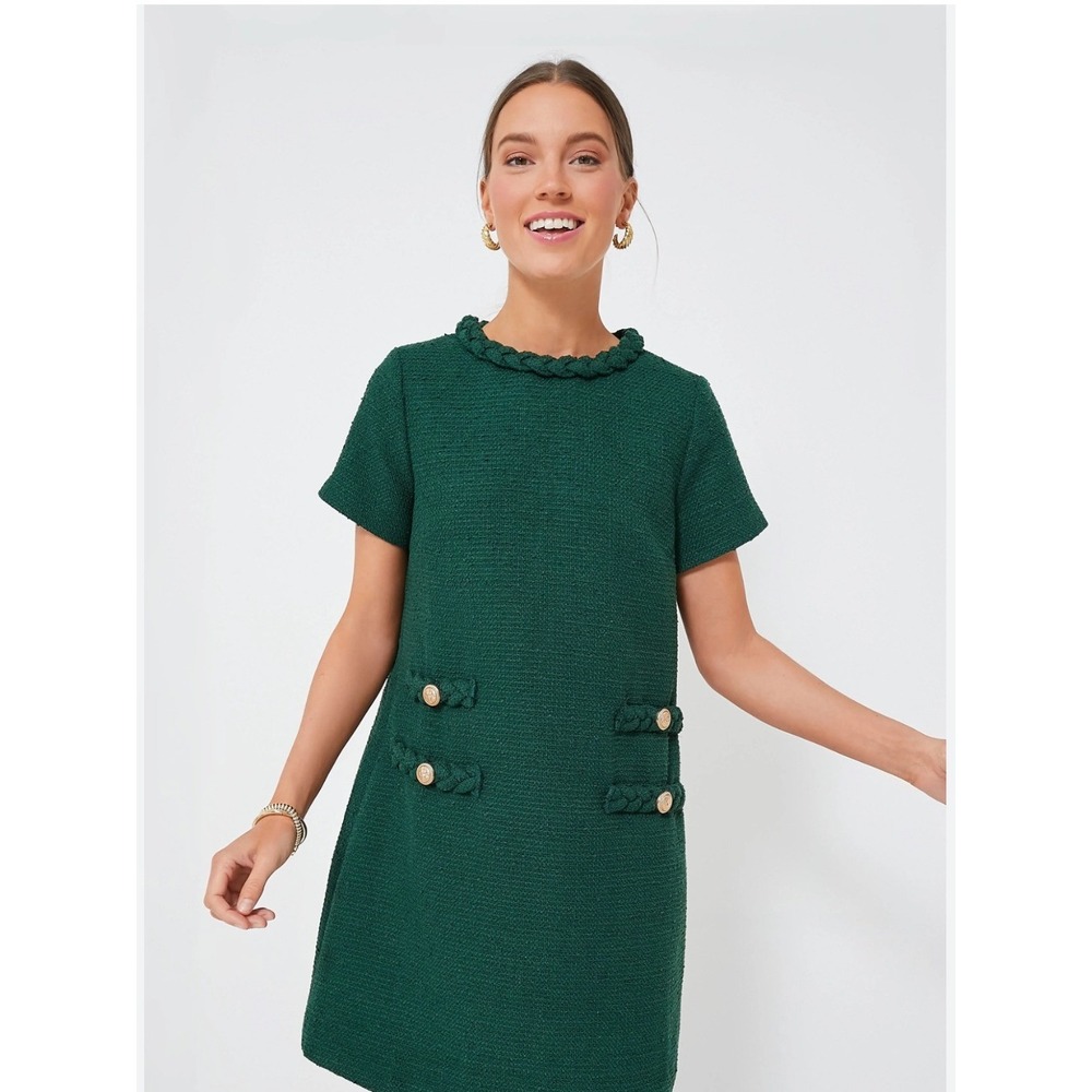 Tuckernuck Hunter Green Tweed Jackie Dress Short Sleeve Gold Button Shift L - Picture 1 of 7